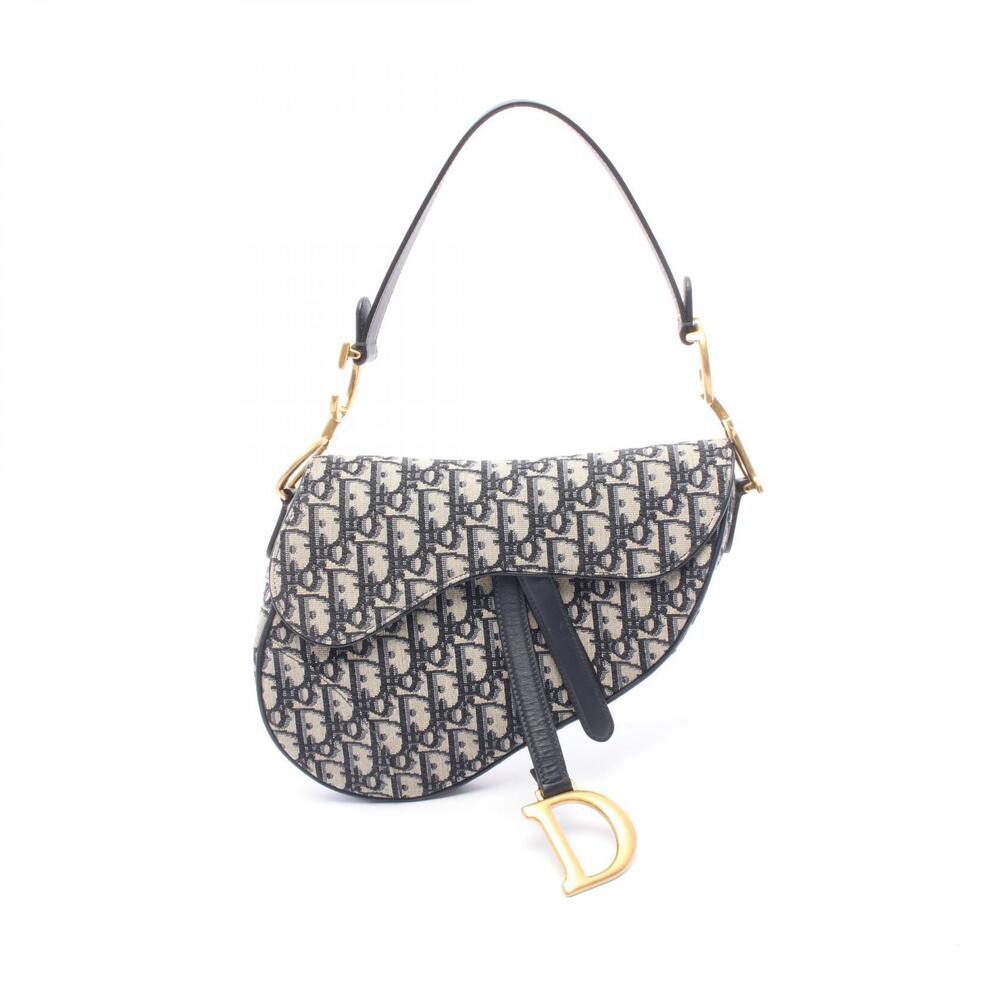 Christian Dior SADDLE Oblique Handbag Canvas Leather Navy Blue Beige